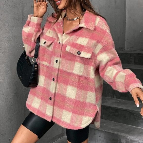 Pink Buffalo Plaid Flap Pocket Drop Shoulder Coat - Picture 6 of 6